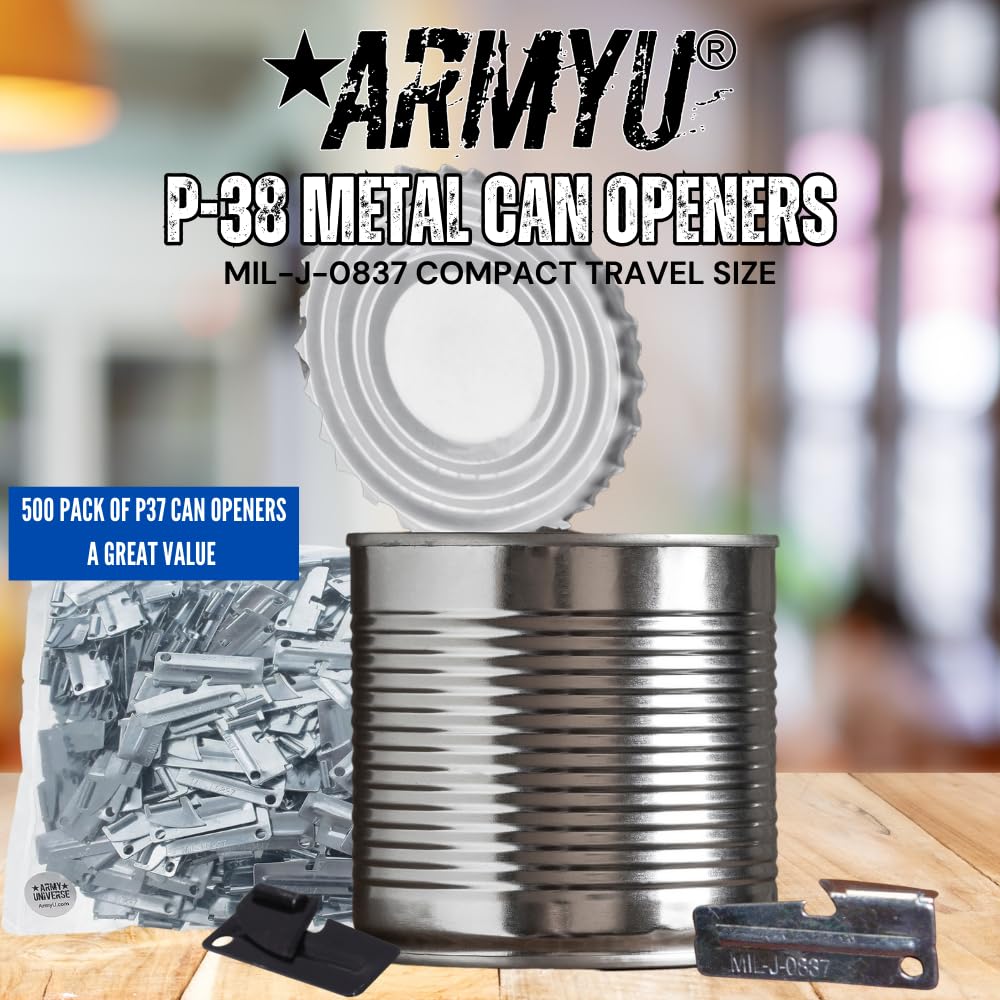 ARMYU P-38 Military Grade Metal Can Opener - Compact Steel Army Style P38 (Mil-J-0837) for Camping, Hiking & Emergency Kits - Travel Size Black (500 Pack) - Ideal for Outdoor Adventures & Survival Gear