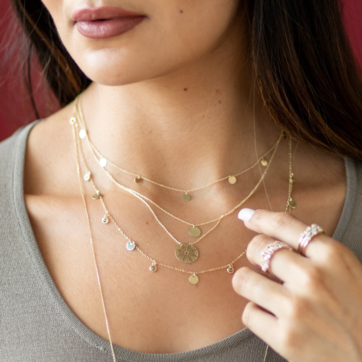 10K Yellow Gold Double Wrap Disc & Medallion Necklace for Women - Elegant Layered Pendant Necklace for Everyday Wear, Date Night & Special Occasions