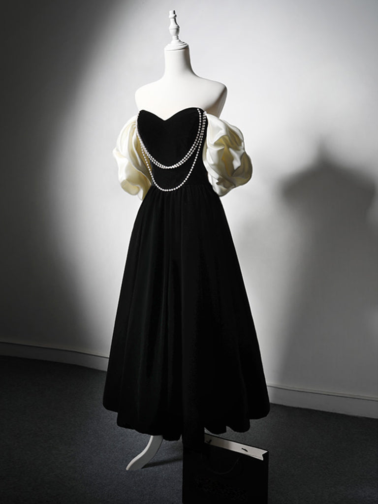 Elegant A-Line Velvet Tea-Length Black Prom Dress for Women - Perfect for Formal Dances, Evening Parties & Special Occasions