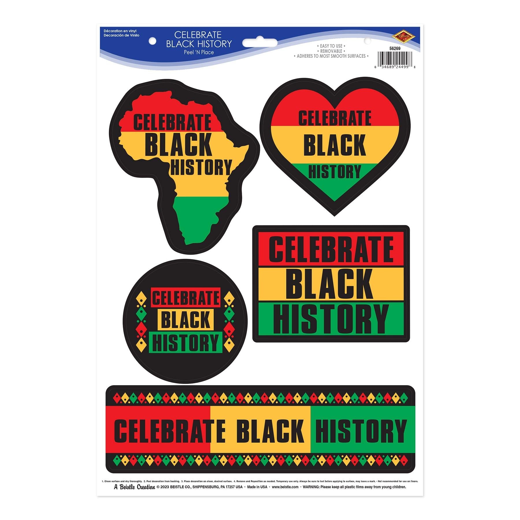 12 Pack Beistle Black History Month Decorative Cling Sheets - Easy Peel & Stick Wall Decor for Classrooms, Offices & Home Celebrations