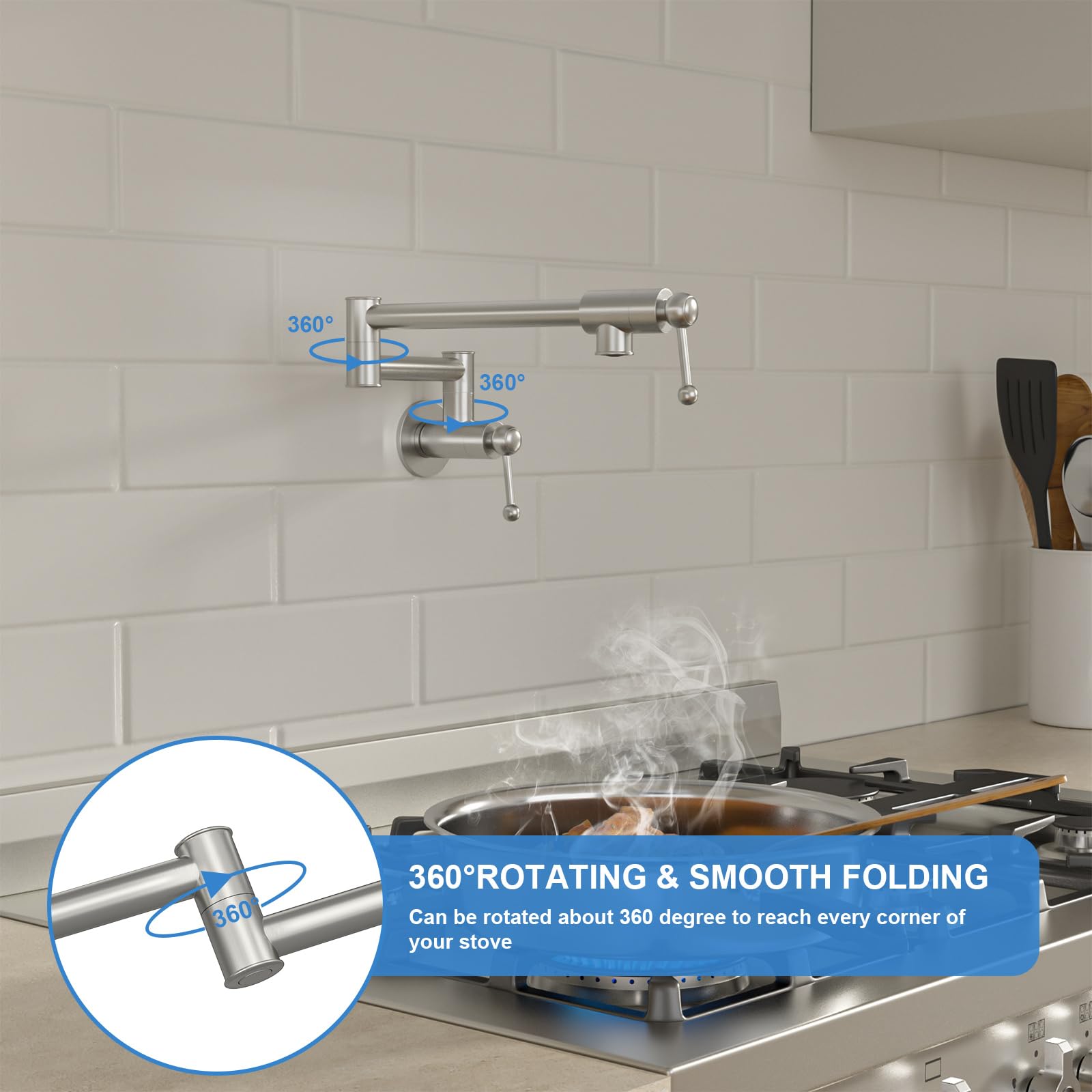 Lordear Solid Brass Wall Mount Kitchen Pot Filler Faucet - Brushed Nickel Finish, Foldable & Extendable Design with Dual Handles for Easy Water Filling | Perfect for Soup Pots, Pasta Cookers & Large Cooking Vessels