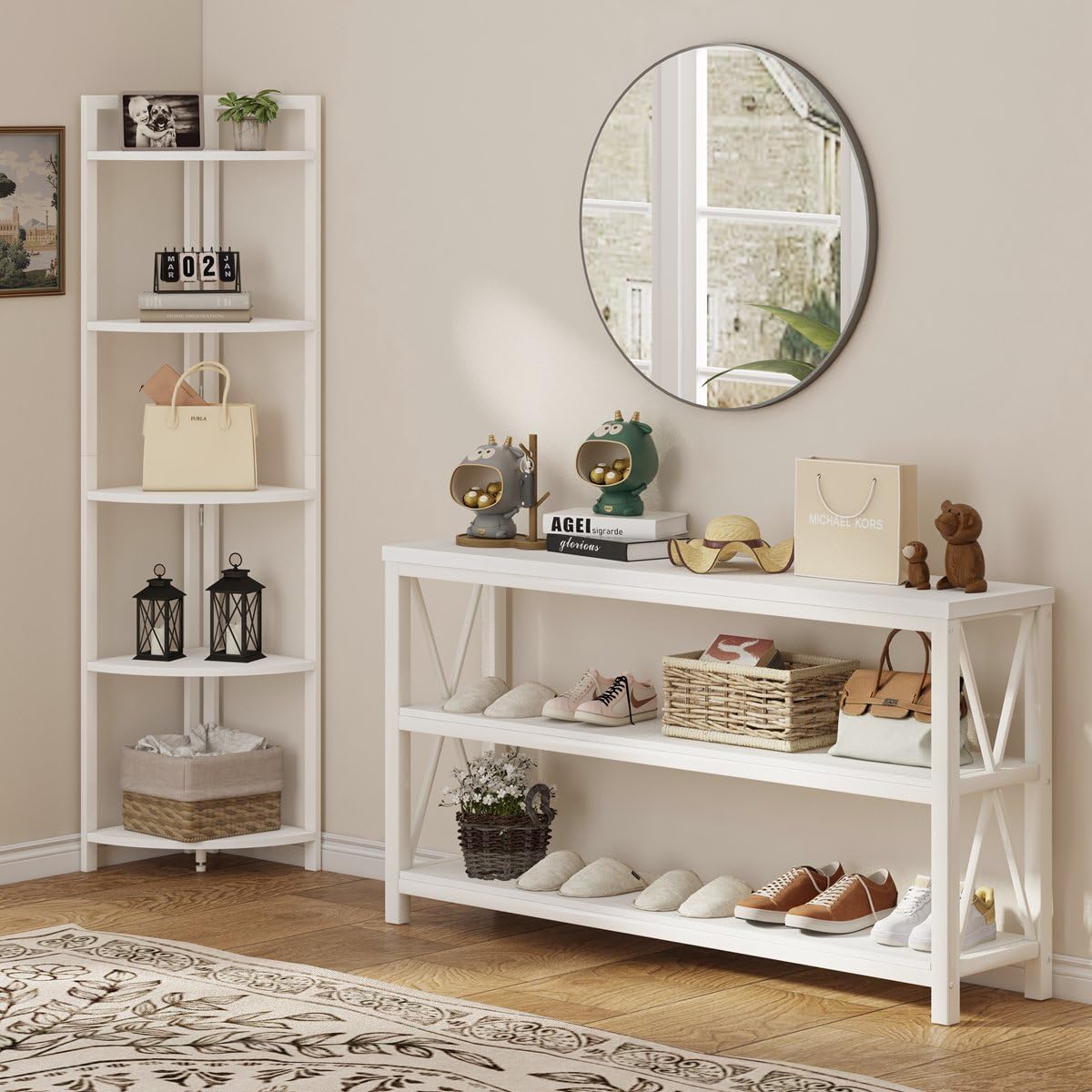 FATORRI 5-Tier Tall Corner Shelf - Modern Wood & Metal Bookshelf for Living Room, Home Office - Corner Plant Stand, Bookcase - White Oak - Perfect for Small Spaces & Stylish Storage