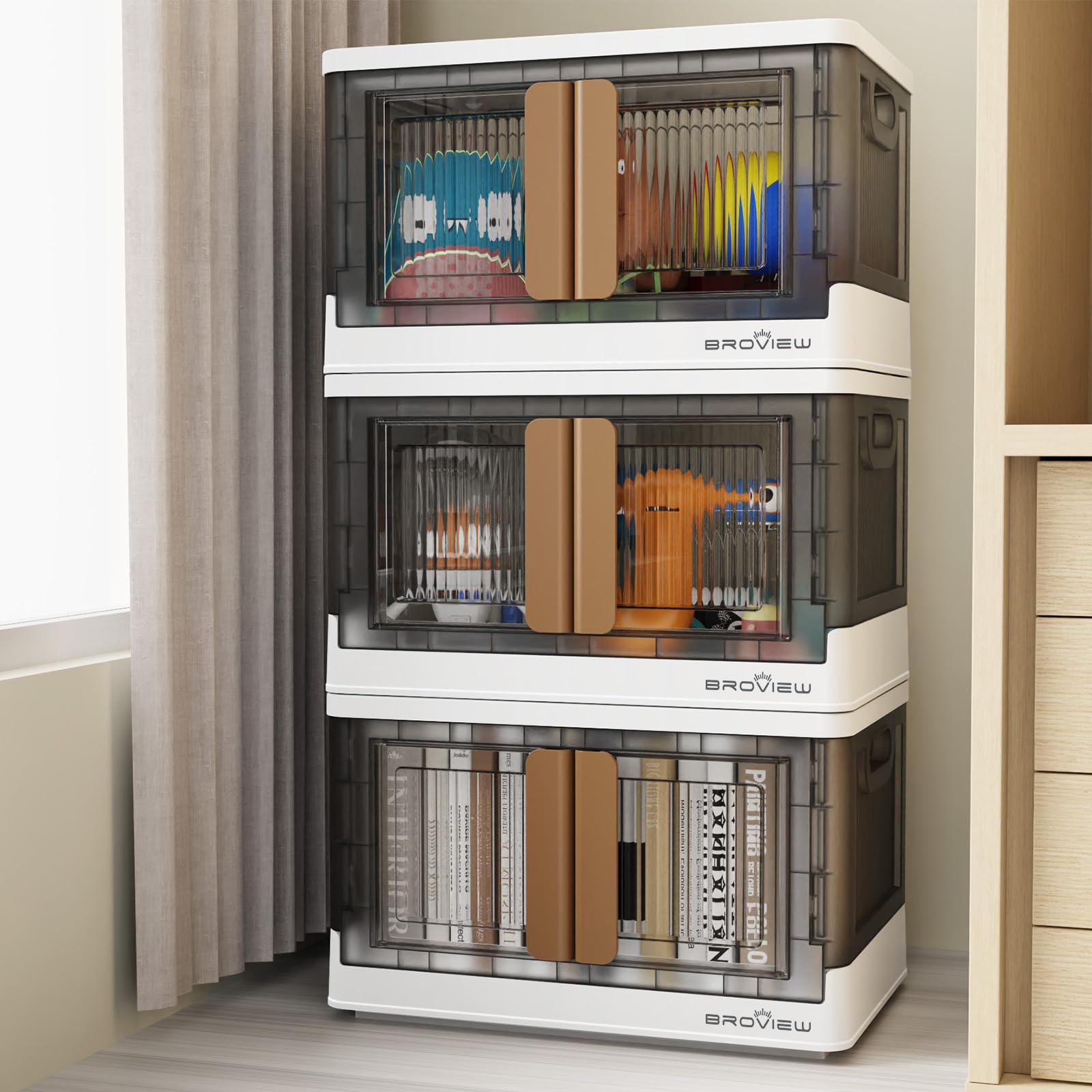 3-Pack 132QT Stackable Plastic Storage Bins with Lids & Wheels - 33 Gallon Foldable Closet Organizer Containers - Collapsible Cabinet with Doors for Home, Dorm, Office & Garage Organization (Brown, V6) - Perfect for Seasonal Clothes, Toys & Household Item Storage