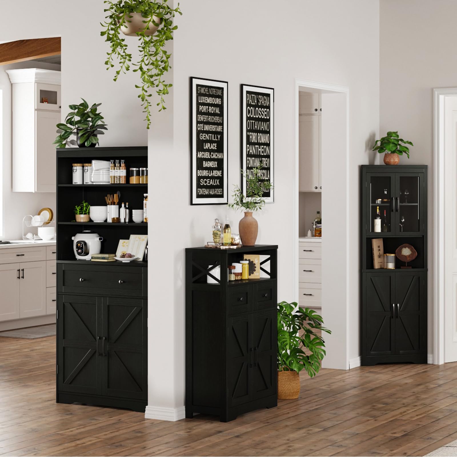 Black Farmhouse Kitchen Pantry Cabinet with Doors & Shelves - Freestanding Floor Hutch Cupboard for Coffee Bar Storage - Perfect for Kitchen, Laundry Room & Living Room Organization