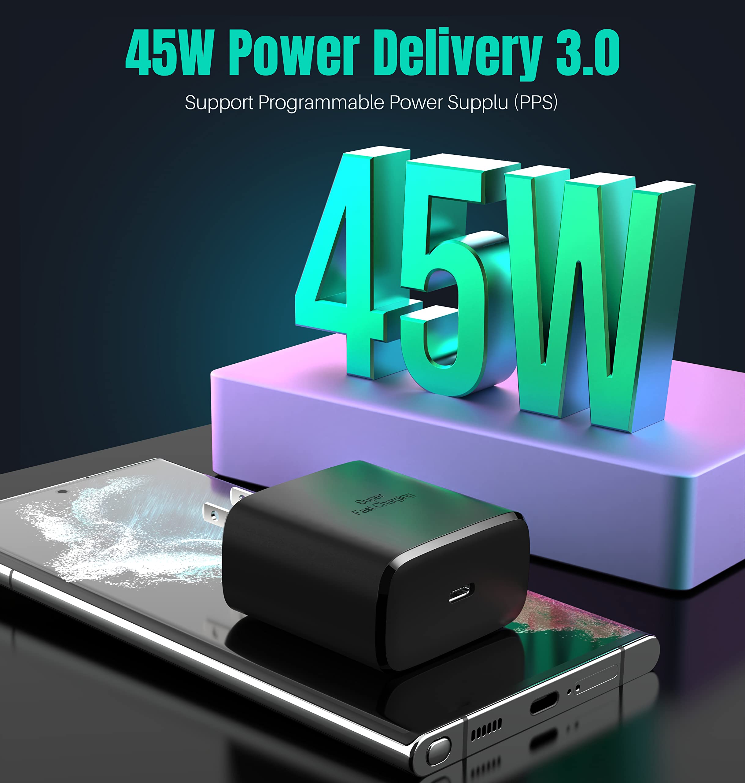 45W Super Fast USB C Charger Block & 10ft Type C Cable for Samsung Galaxy S25/S24/S23/S22/Z Fold 3/4/5 & iPhone 15/16 - Rapid Charging for Home, Office & Travel