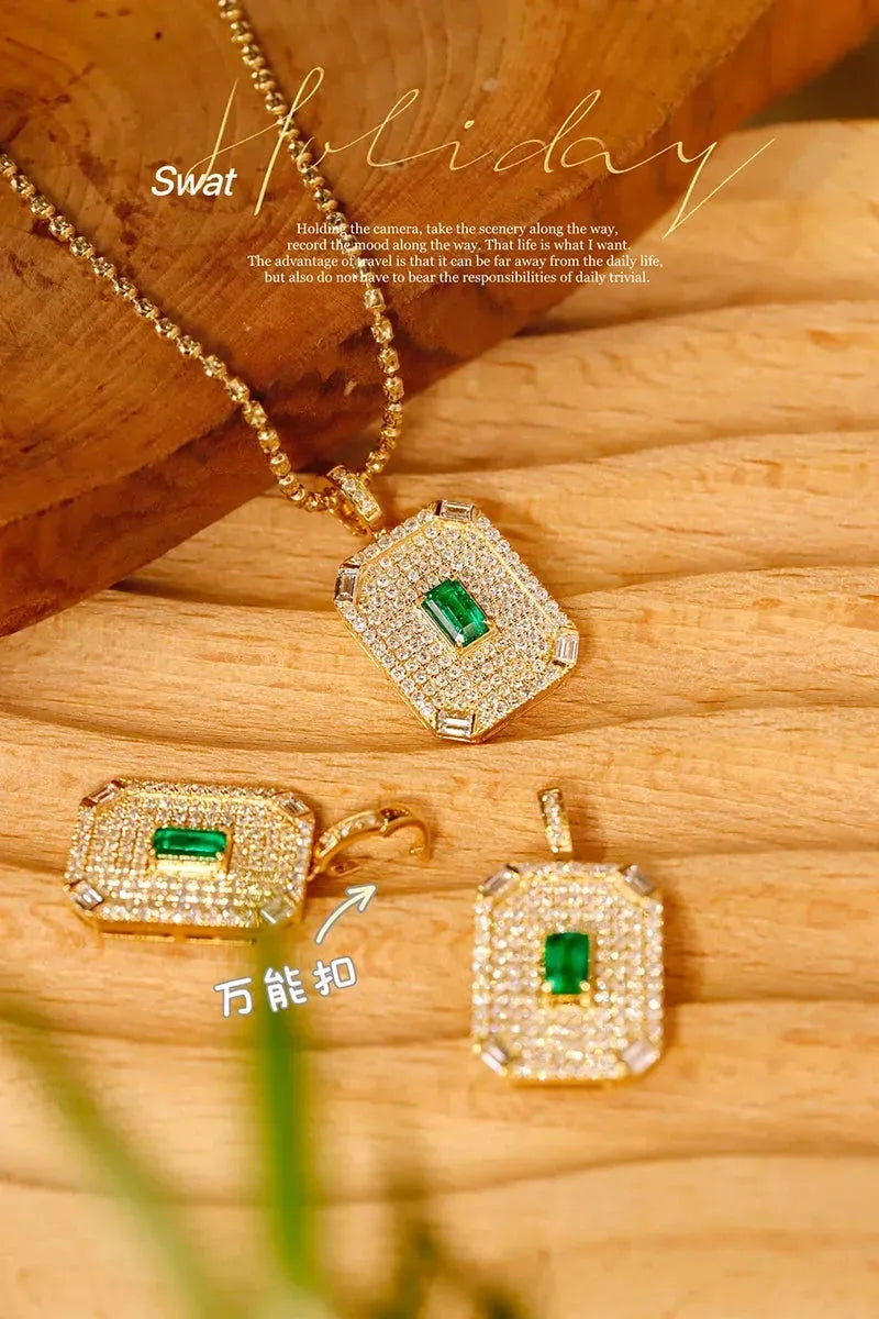 18K Yellow Gold Emerald and Diamond Necklace for Women - Luxury Real Natural Gemstone Jewelry, Perfect for Parties, Weddings & Special Occasions