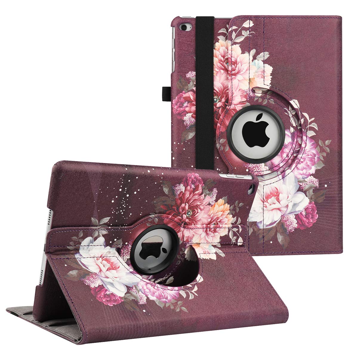 360° Rotating Stand Protective Smart Case for iPad 9.7 inch (5th/6th Gen 2018/2017) & iPad Air 2 - Auto Sleep/Wake Function with Floral Design | Perfect for Work, Study & Travel (Purple Flower)