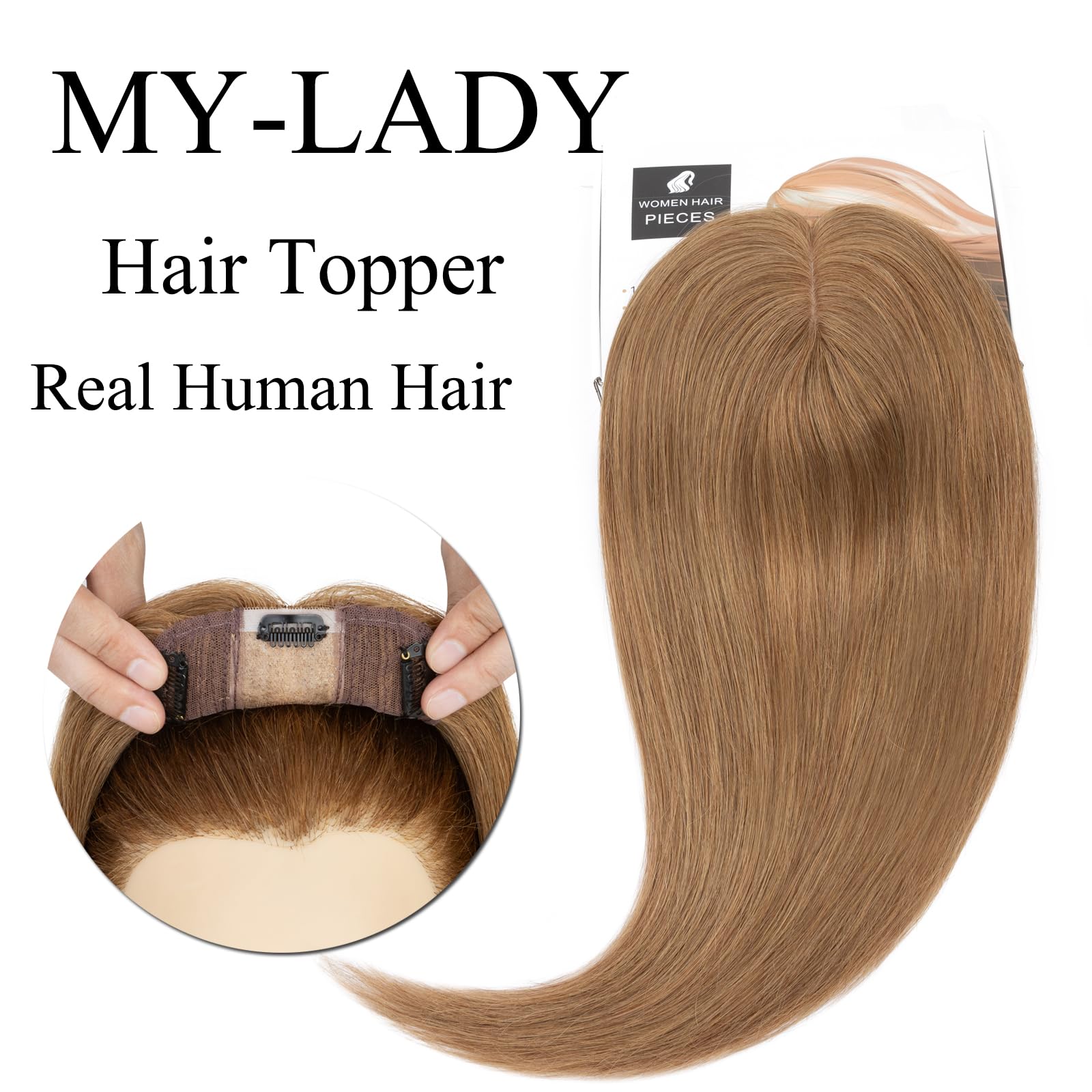 MY-LADY Human Hair Toppers for Women - 130% Density Remy Hair Topper with Silk Base (10x12cm, No Bangs) - Clip-in Hairpiece for Thinning Hair - 14 Inch Straight Light Brown (#06) - Perfect for Daily Wear, Special Occasions & Hair Loss Solutions
