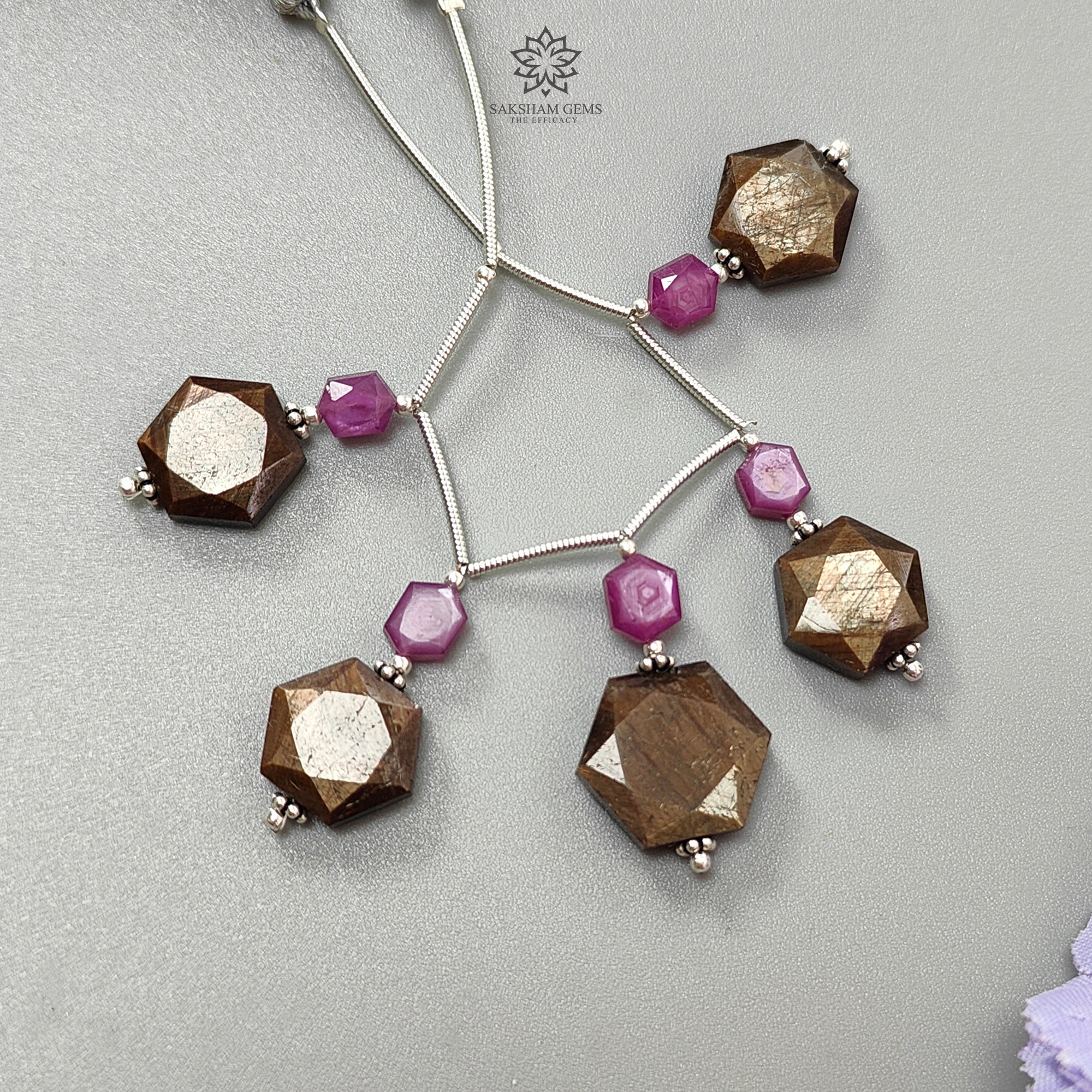 Natural Untreated Golden Sapphire & Raspberry Pink Ruby Faceted Loose Beads - Hexagon Fancy Cut 925 Sterling Silver Beads for Jewelry Making, DIY Crafts, Bracelets & Necklace Designs - Perfect for Bohemian, Vintage & Wedding Jewelry Creations
