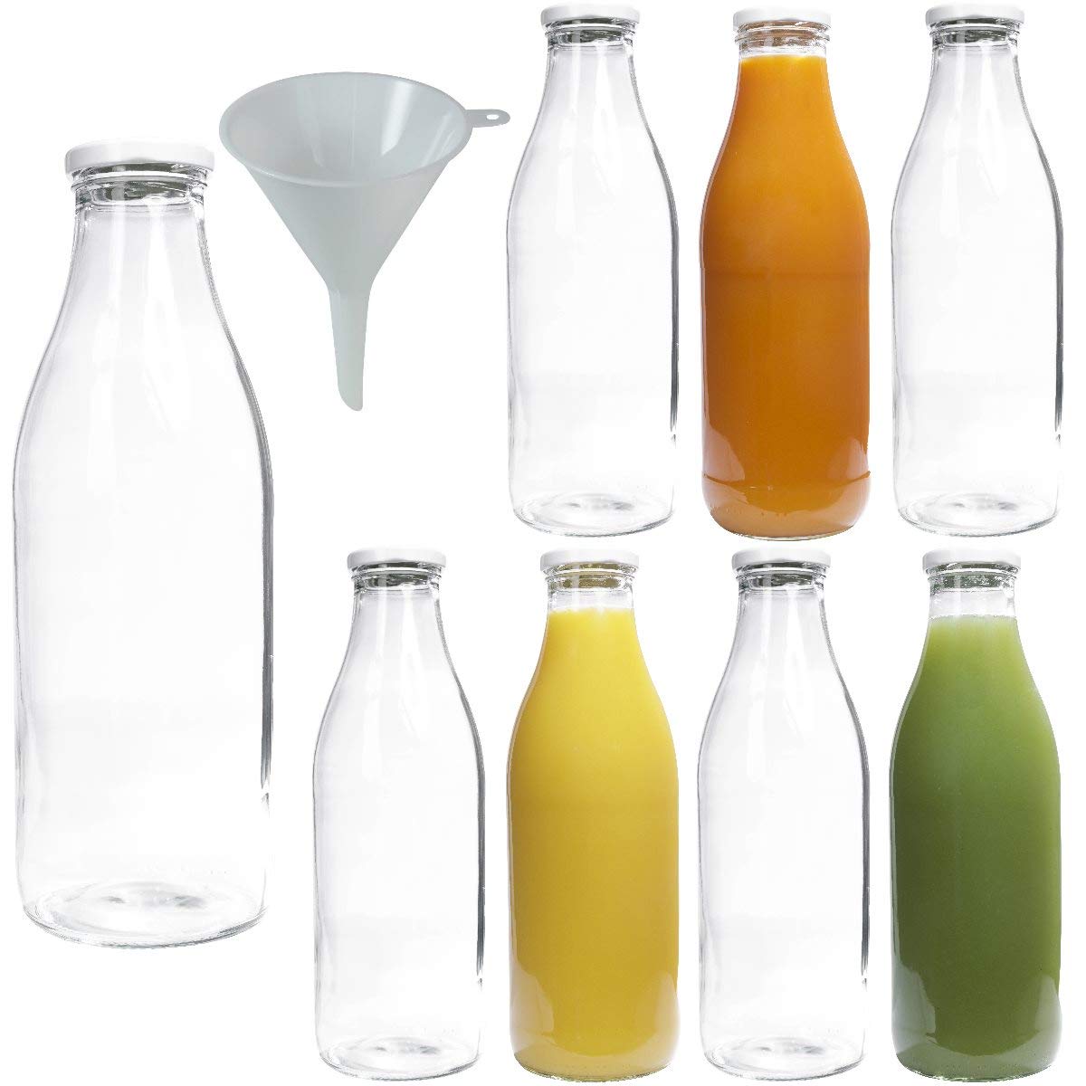 Premium Glass Bottles with White Lids - 8-Pack 1000ml (34oz) for Water, Juice, Milk & Meal Prep | BPA-Free, Leak-Proof, Dishwasher Safe | Ideal for Home, Office & Outdoor Use