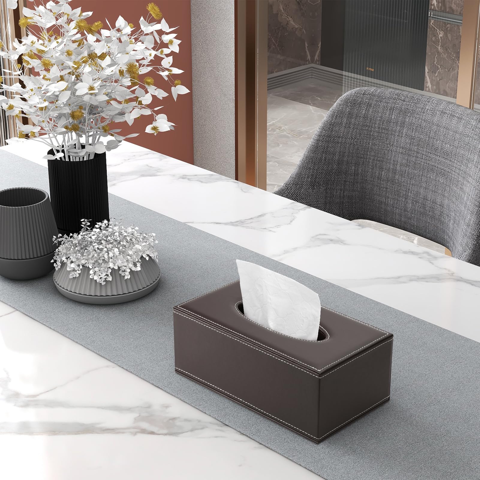 KINGFOM 3-Piece PU Leather Desk Organizer Set - Tissue Holder, Pen Cup & Business Card Stand - Stylish Office Supplies for Workspace Organization | Perfect for Home Office, Study Desk & Professional Workspace