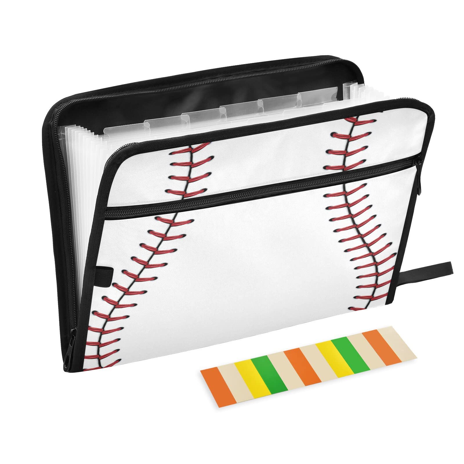 VIGTRO 13-Pocket Accordion File Organizer with Zipper & Labels - Red Stitching Baseball Design Expanding File Folder for A4 Documents - Perfect for Office, Classroom & Sports Team Organization