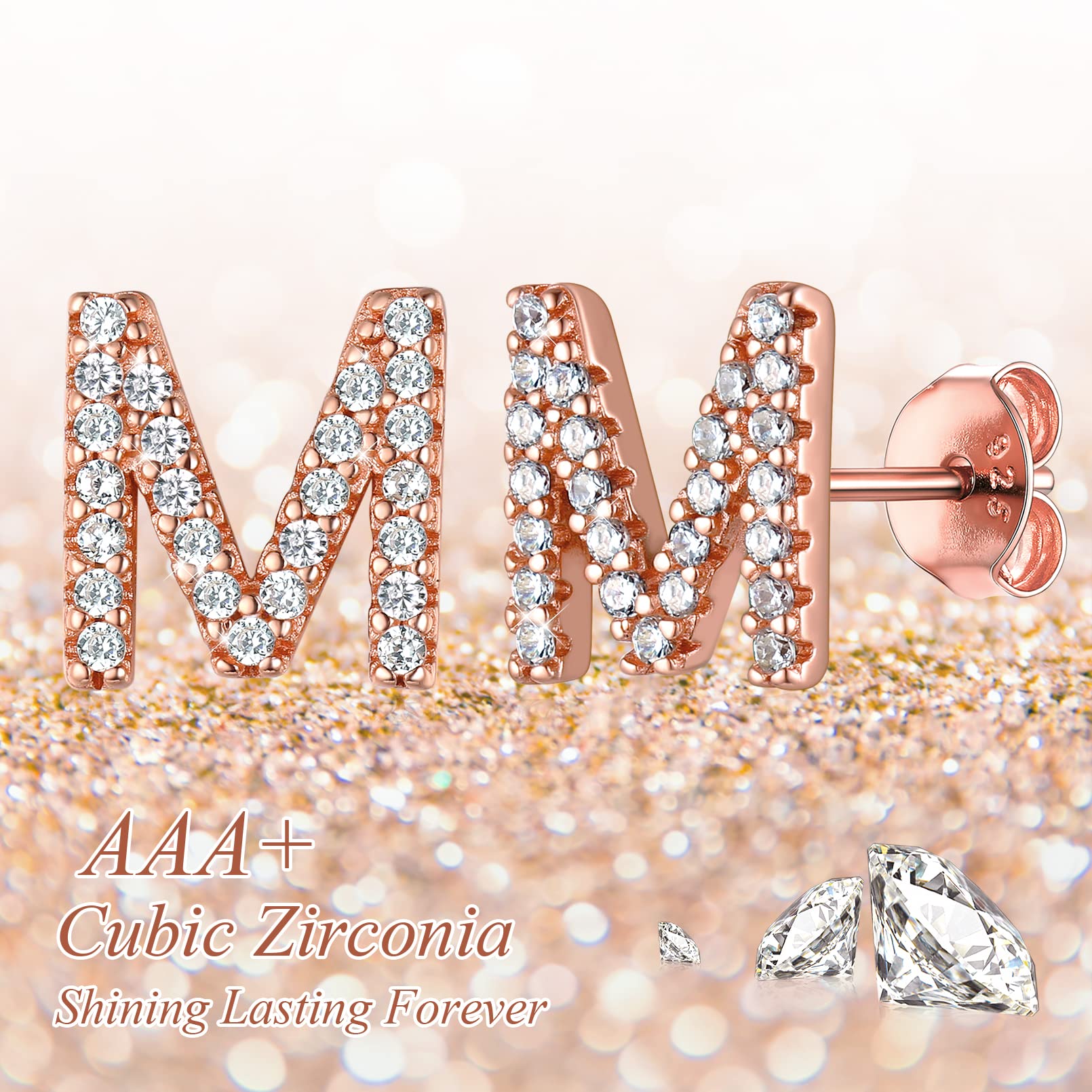 ChicSilver Rose Gold Plated Initial M Letter Stud Earrings for Women - Sterling Silver Hypoallergenic Small Post Earrings - Perfect for Everyday Wear, Gifts & Special Occasions