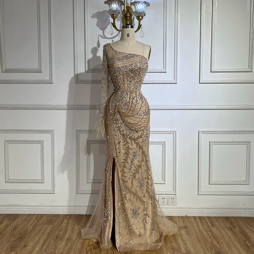 Luxury One Shoulder Beaded Feather Mermaid Evening Dress for Women - Elegant Dubai Nude Gown with High Slit, Perfect for Parties, Prom, and Formal Events - LA72353