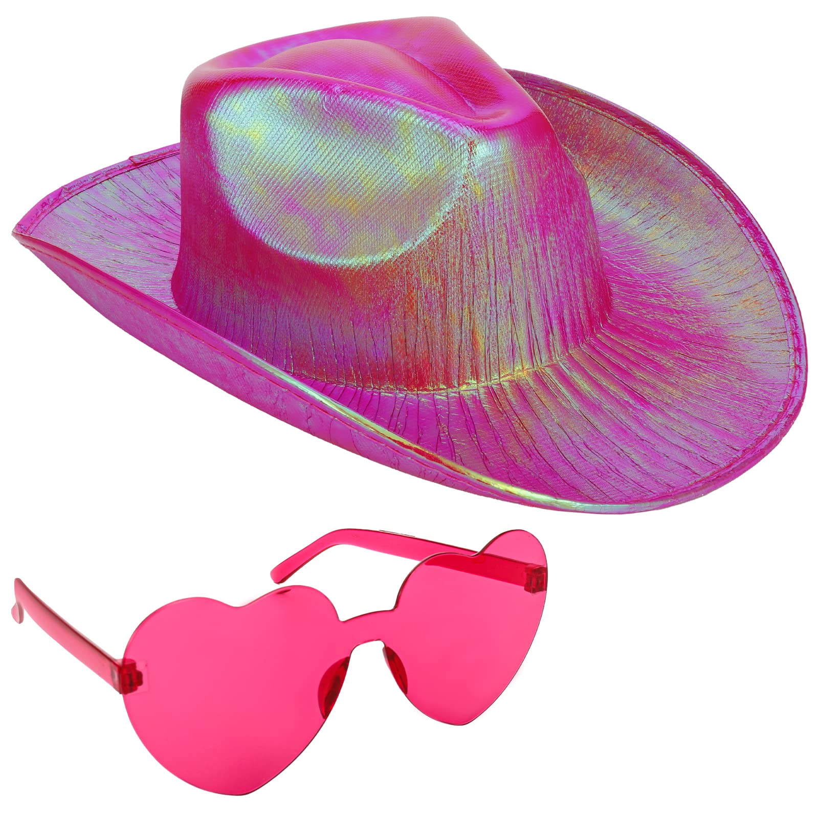 Trosetry Neon Sparkly Space Cowboy Hat with Heart Sunglasses - Holographic Cowgirl Hat & Rimless Heart Glasses for Western Party, Rodeo, Music Festival & Cosplay Costume