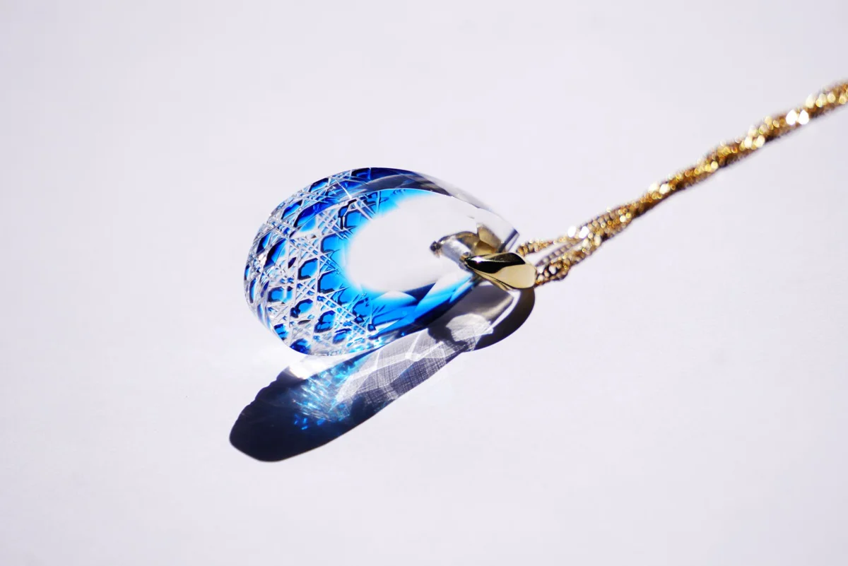 Handmade Kiriko Glass Pendant Necklace - Blue Japanese Artisan Jewelry for Women, Gift for Her, Perfect for Weddings & Special Occasions