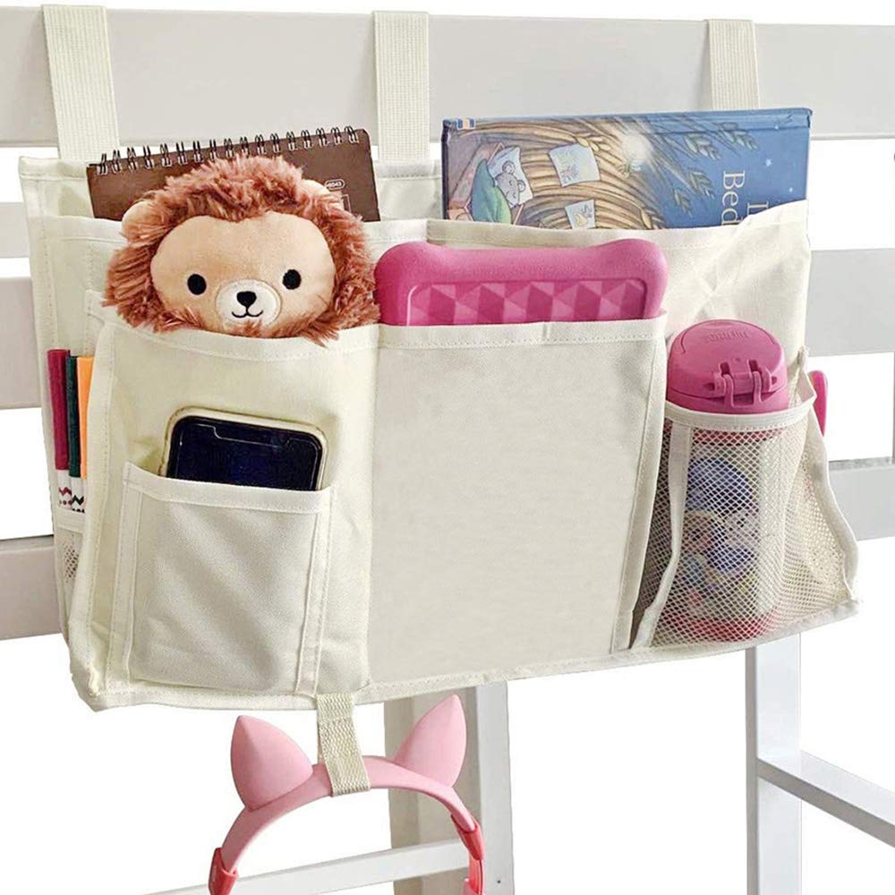 Sugaroom Bedside Storage Caddy - Hanging Bunk Bed Organizer with Pockets for College Dorm, Hospital Bed Rails, Baby Crib & Camping - Perfect for Storing Books, Phone, Remote & Essentials (White)