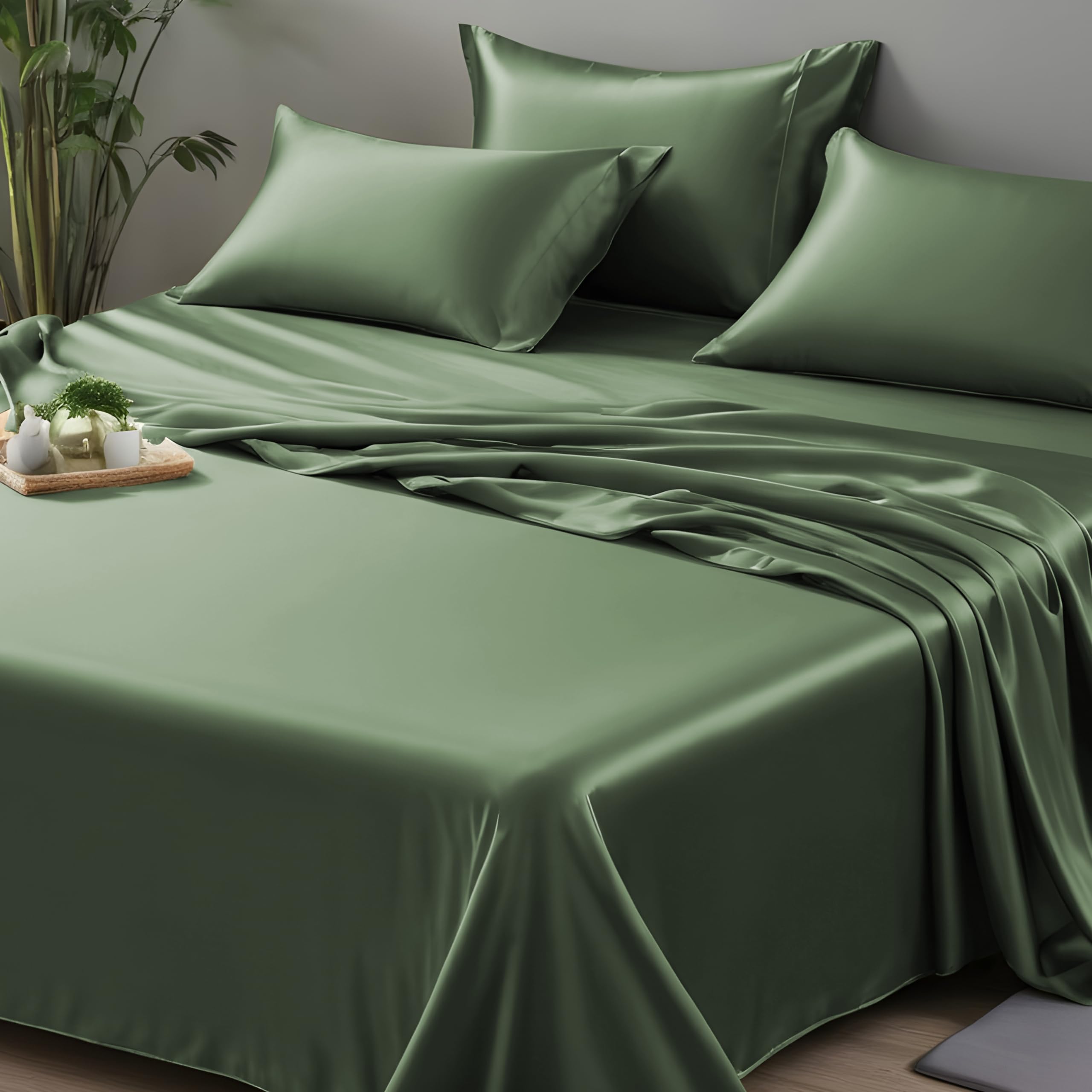 LINENWALAS California King Flat Sheet - Bamboo Rayon Cooling Bed Sheet, Soft & Breathable, Premium Quality (Cal King, Avocado Green) - Perfect for Hot Sleepers & Summer Nights