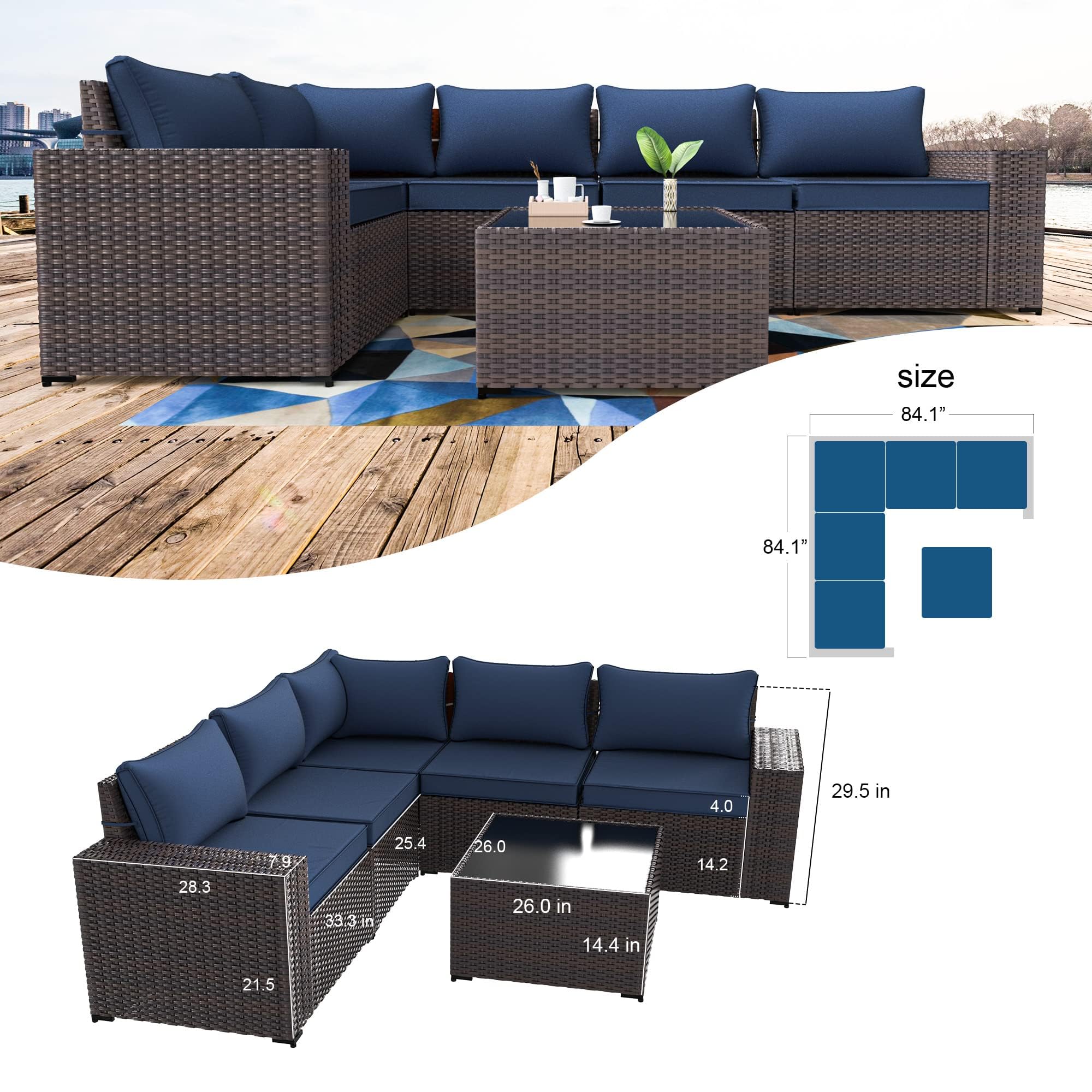 6-Piece Outdoor Patio Furniture Set - PE Wicker Rattan Sectional Sofa Conversation Set in Navy Blue for Garden, Poolside & Backyard Relaxation