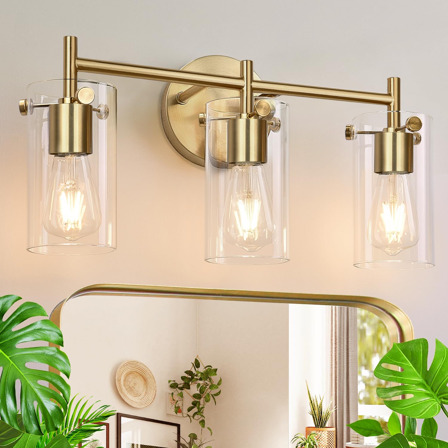 2023 Upgraded 3-Light Brushed Gold Bathroom Vanity Light with Clear Glass Shade - Modern Gold Bathroom Lighting Fixtures for Mirror, Bedroom, Living Room & Hallway - Perfect for Home Decor and Ambient Lighting