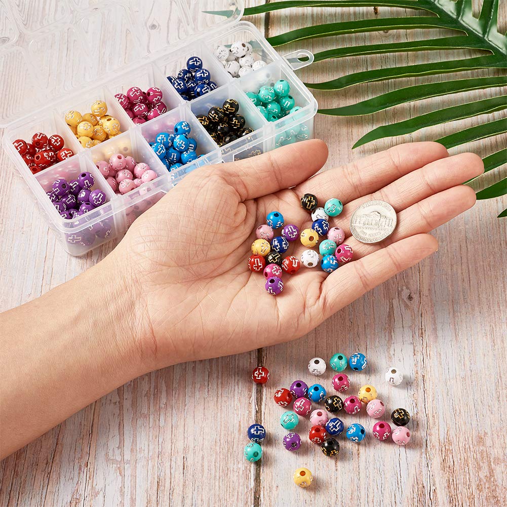 KISSITTY 300pcs 8mm Round Cross Loose Beads - 10 Color Acrylic Spacer Beads for DIY Jewelry Making, Bracelets, Necklaces & Craft Projects