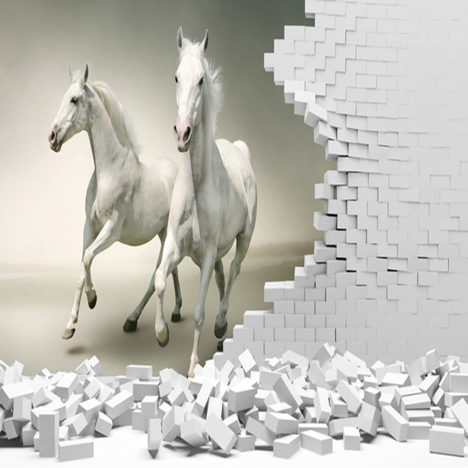3D Stereoscopic White Horse Breaking Brick Wall Mural - Large Panoramic Wallpaper for Living Room & Bedroom - 157.5