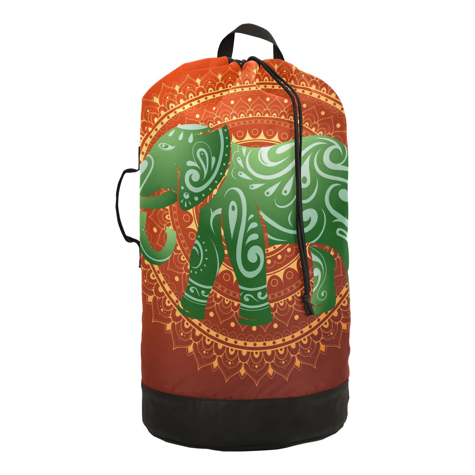 Indian Elephant Ethnic Print Red Laundry Backpack - 600D Durable Nylon Washing Bag for College Dorm, Laundromat & Travel - Perfect for Camping, Apartment Living & Laundry Day Organization