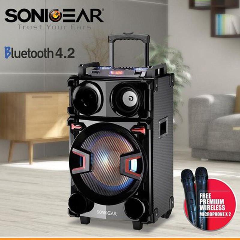 SonicGear Bluetooth Speaker - Powerful Portable Wireless Speaker with 2 Free Wireless Microphones for Outdoor, Party, Karaoke & Home Entertainment