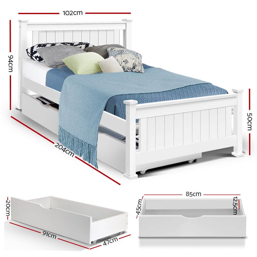 Cottesloe White Wooden Single Bed with 2 Storage Drawers - Space-Saving Kids Bedroom Furniture for Small Rooms & Apartments