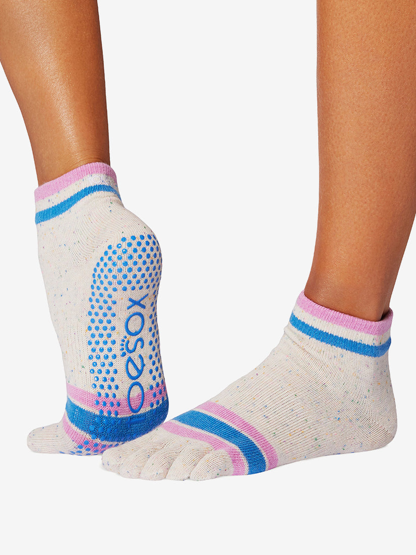 ToeSox Full Toe Ankle Grip Socks - Non-Slip Yoga & Pilates Socks for Women - Paradise Navy Stripe - Perfect for Barre, Dance & Workout