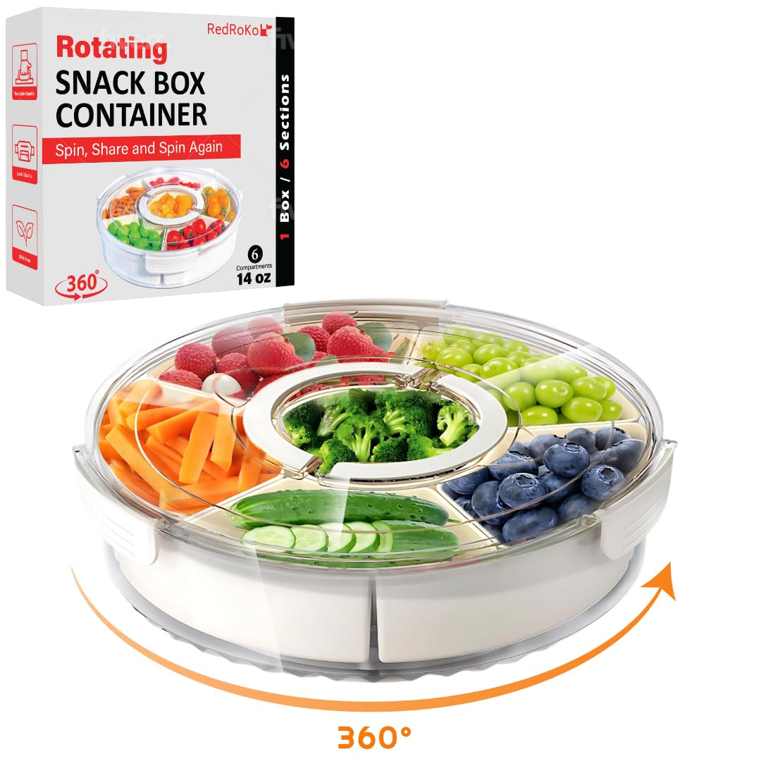 Rotating Snack Box Container - Large Divided Serving Tray with Lid for Kids | Mess-Free Snack Spinner Organizer | Veggie & Fruit Storage Tray for Fridge | Perfect for Parties, School Lunches & Healthy Snacking at Home