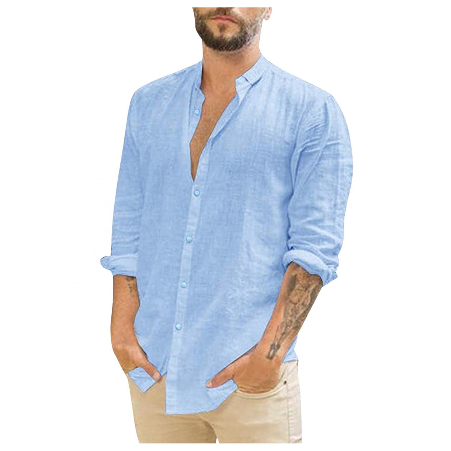 Men's Casual Cotton Button Down Shirt - Relaxed Fit Big & Tall Solid Color T-Shirt - Light Blue Beach Shirt for Summer Outings & Casual Wear - Camisas de Hombre