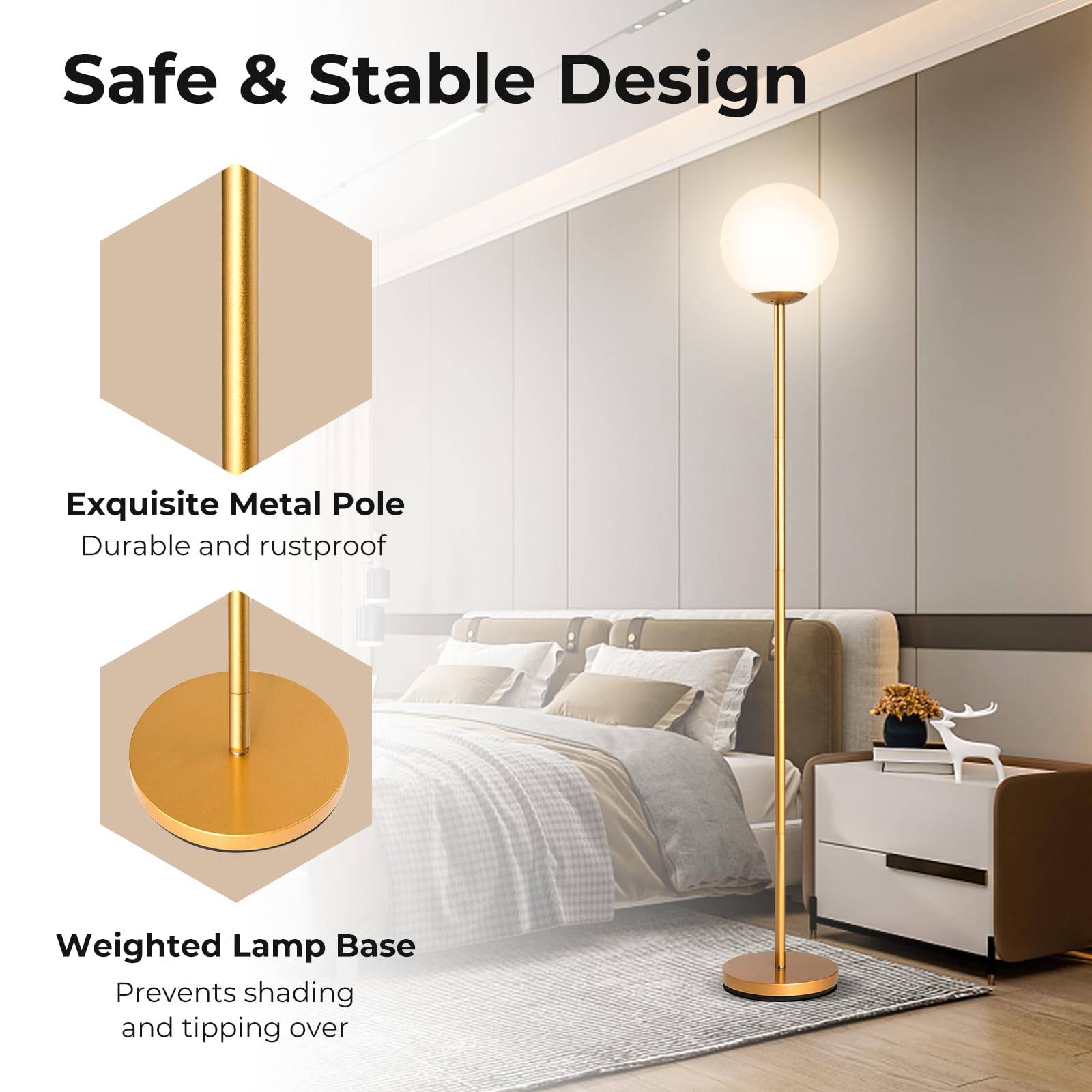 Tangkula Mid Century Modern Globe Floor Lamp - Gold Standing Light with Glass Shade for Living Room, Bedroom & Office - Tall Pole Light for Reading Nook, Lounge Area & Workspace (1-Globe)