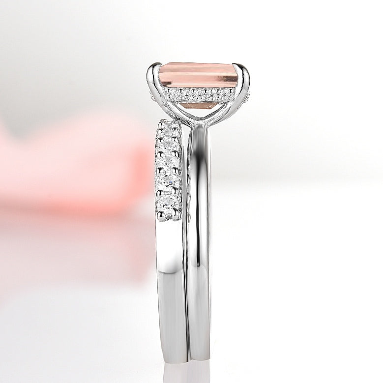 Hidden Halo Emerald Cut Morganite Engagement Ring Set in Sterling Silver - Perfect for Proposals, Anniversaries & Bridal Jewelry