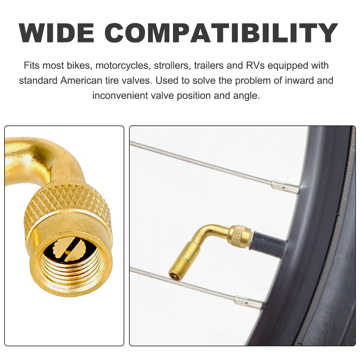 6 PCS Valve Stem Extenders - 45/90/135 Degree Angled Automotive Tire Valve Extension Adapters - Universal Fit for Car, Motorcycle & Scooter - Golden Car Accessories for Easy Tire Inflation & Maintenance