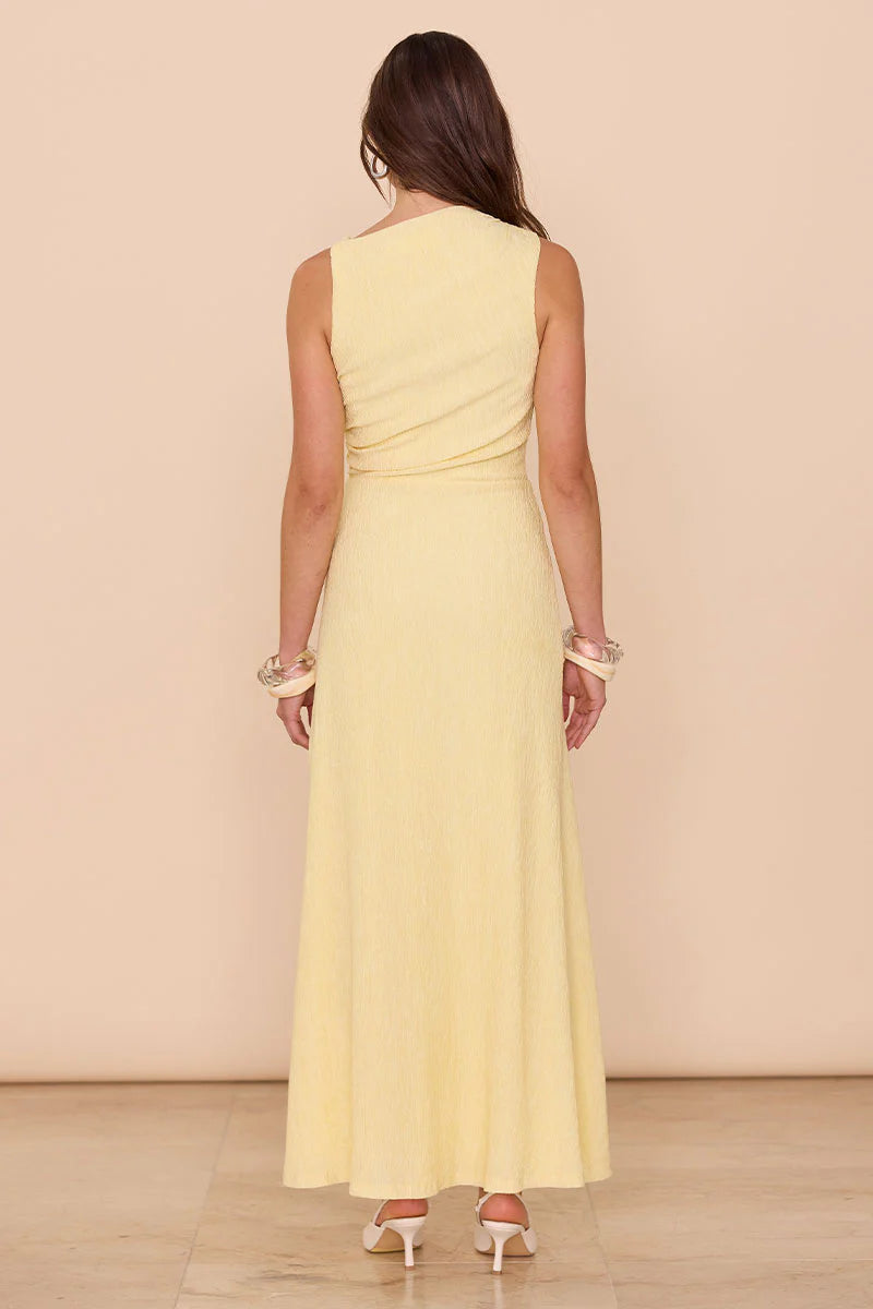 Soft Yellow Textured Scoop Neck Split Maxi Dress - Elegant Summer Beach Dress for Women, Perfect for Vacations, Parties, and Casual Outings