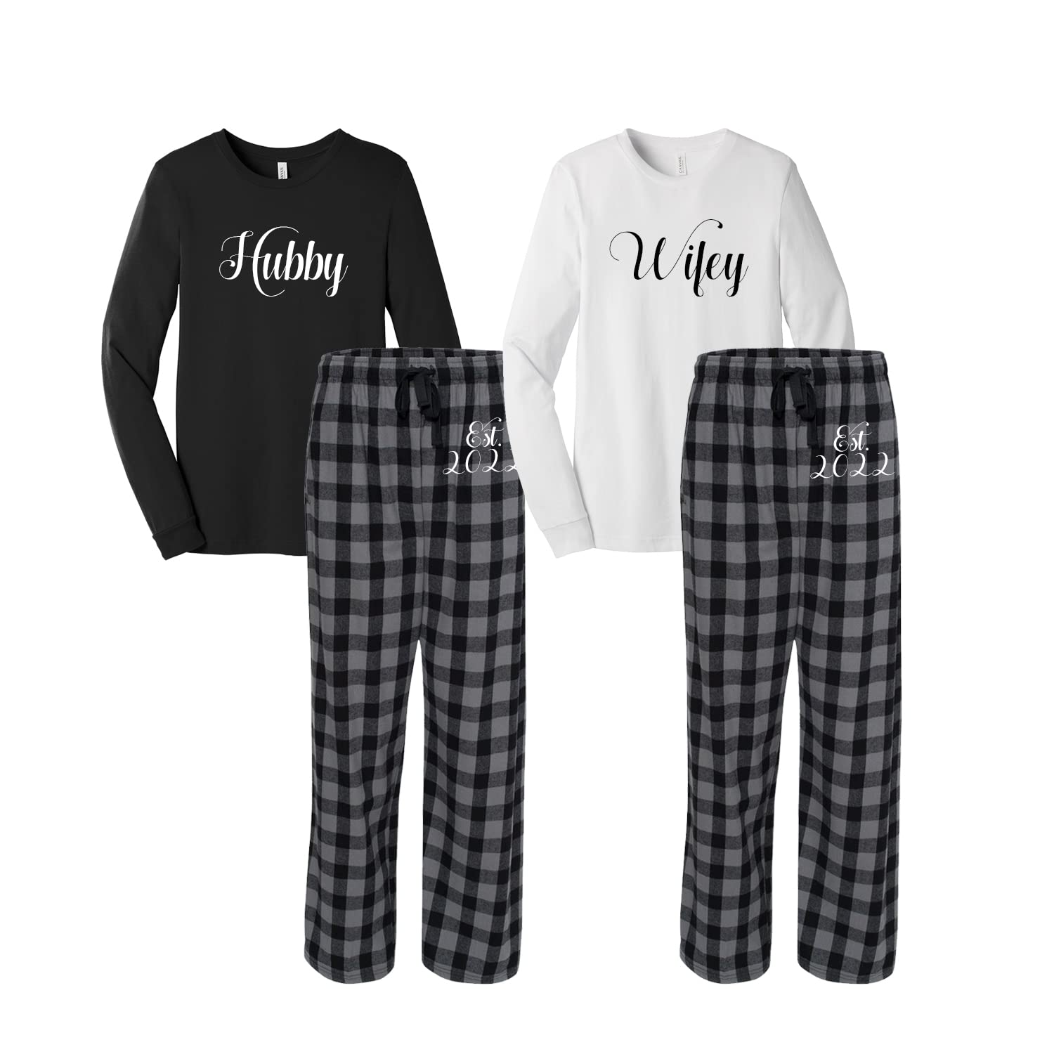 Stylish Couples Matching Pajama Set - 'Wifey' & 'Hubby' Grey Plaid Sleepwear for Bridal Shower, Honeymoon & Anniversary Gifts | Established 2022