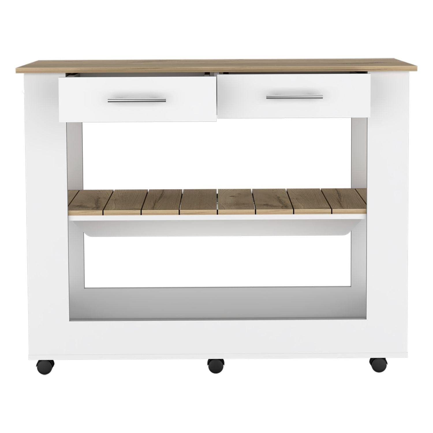 Delos 46 Inch Kitchen Island with 6 Heavy Duty Casters, 2 Spacious Drawers & Open Shelves - White/Light Oak Finish | Perfect for Small Kitchens, Breakfast Bars & Extra Storage Space