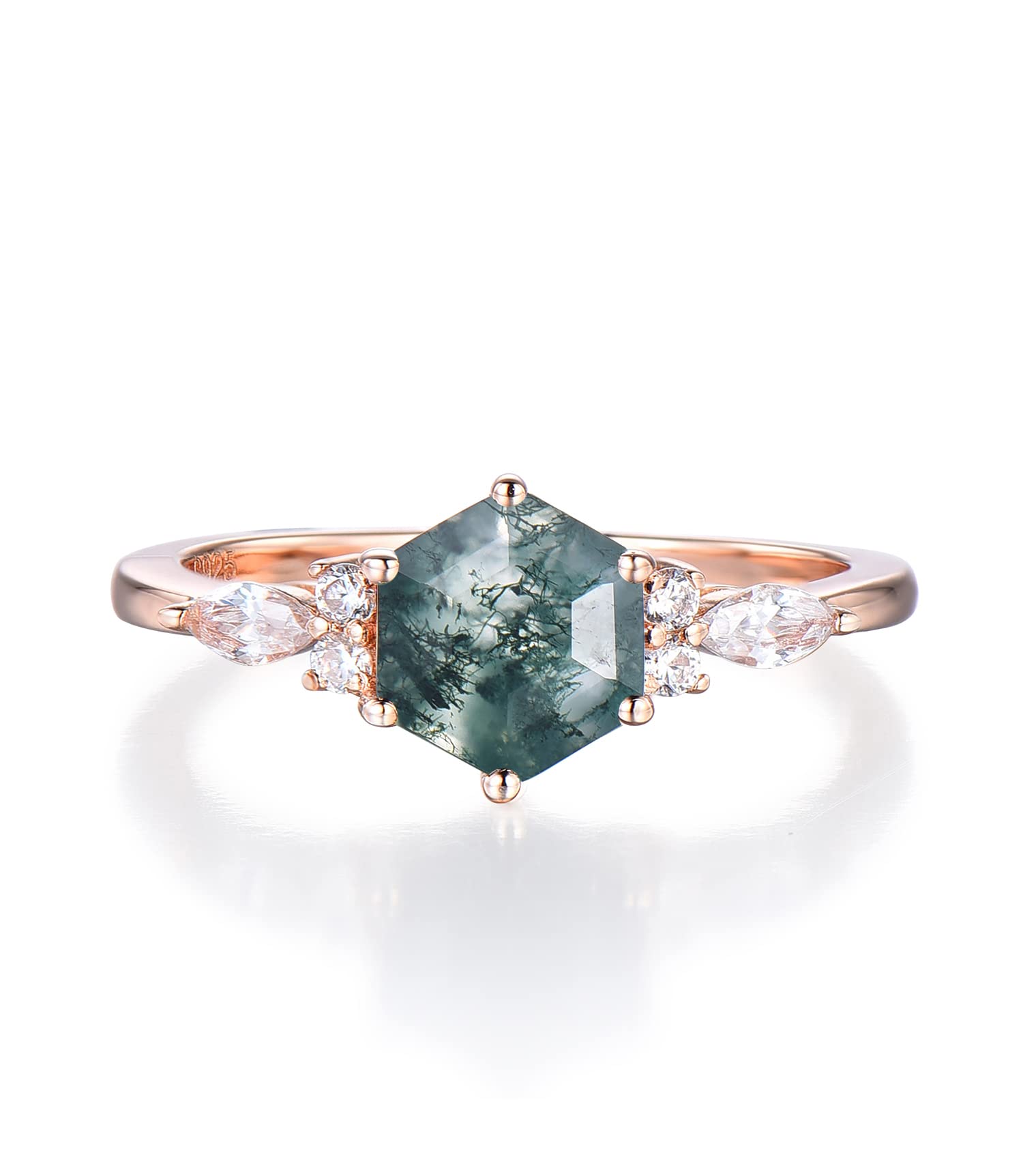 Vintage Hexagon Moss Agate Engagement Ring for Women - Sterling Silver/Rose Gold Plated, Real Green Crystal Gemstone, Size 4-10 with Gift Box | Perfect for Anniversaries, Weddings & Special Occasions