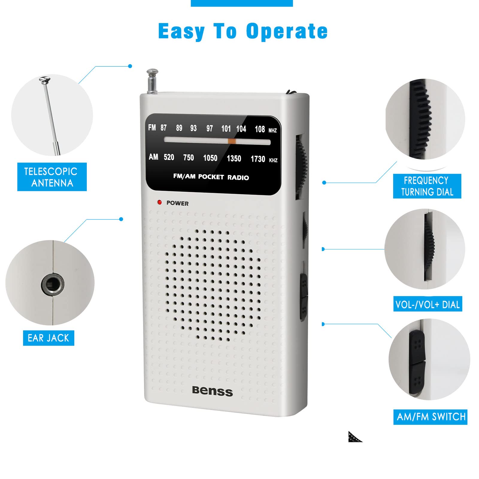 Benss Portable AM FM Radio - Best Reception, 2AA Battery Operated with Speaker & Headphone Jack | Pocket-Sized Transistor Radio for Home, Office, Camping, Hiking & Emergency Preparedness (White)