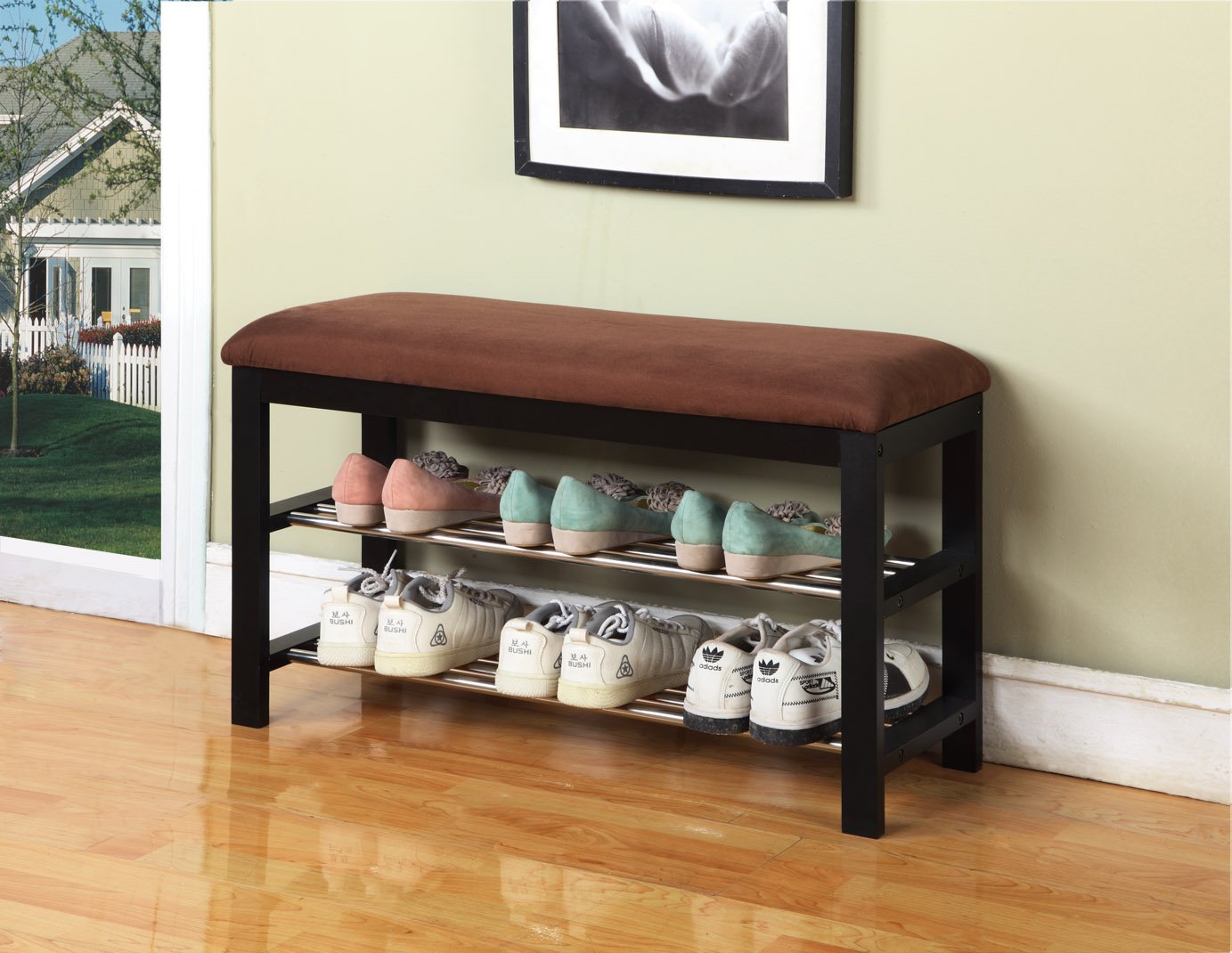 Kings Brand Chrome Shoe Rack Organizer & Bench with Storage - Chocolate Brown for Entryway, Bedroom, or Closet Organization - Sturdy Metal Shoe Shelf & Seating Bench for Home & Apartment
