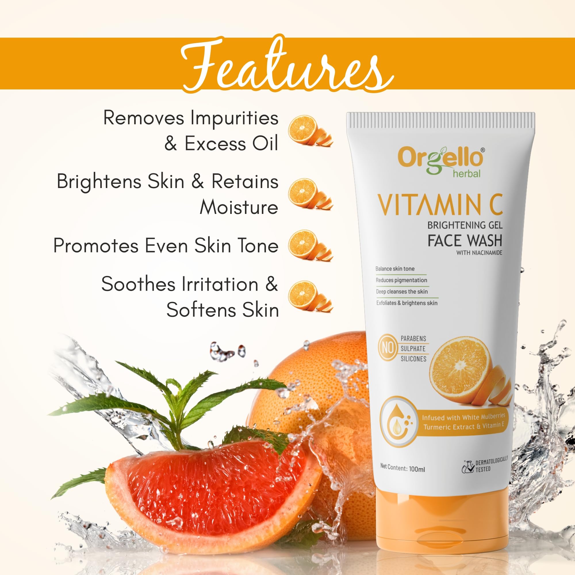 Orgello Herbal Vitamin C Face Wash (100ml) - Brightening, Acne Treatment & Dark Spot Remover for Clear Skin - SLS, Paraben & Silicone Free - Perfect for Daily Skincare & Glowing Complexion