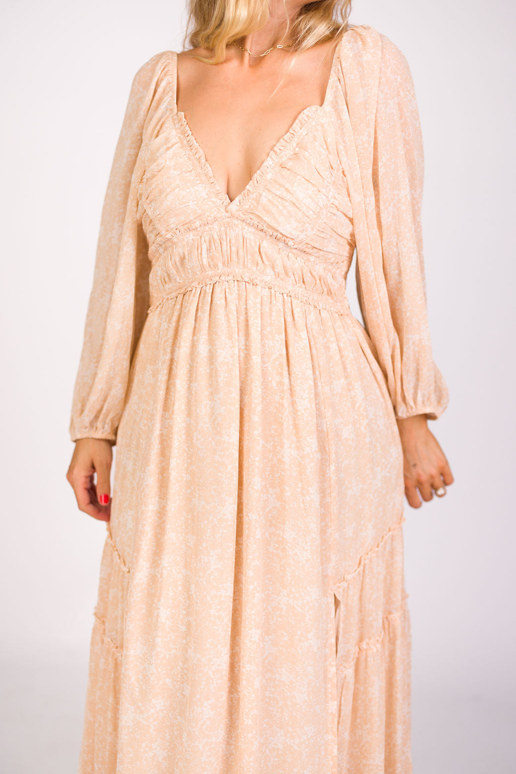 Light Beige Floral Maxi Dress with Long Sleeves - Bump Friendly Maternity Dress in Inclusive Sizes XS to 3XL - Perfect for Pregnancy, Nursing, and Special Occasions