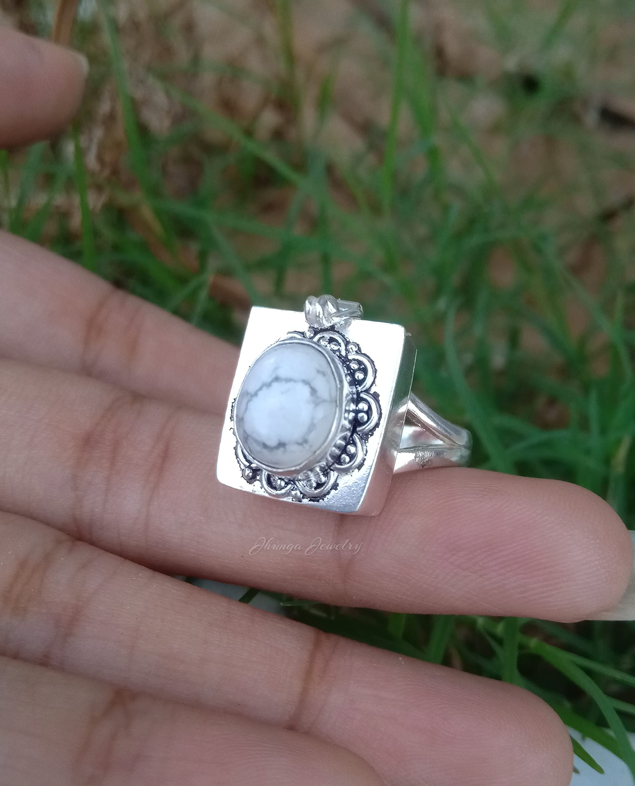 White Howlite Poison Ring - Handmade 925 Sterling Silver Secret Box Ring with Openable Compartment | Perfect for Medicine, Pills, or Keepsakes | Unique Gothic Jewelry for Cosplay, Halloween, and Alternative Fashion