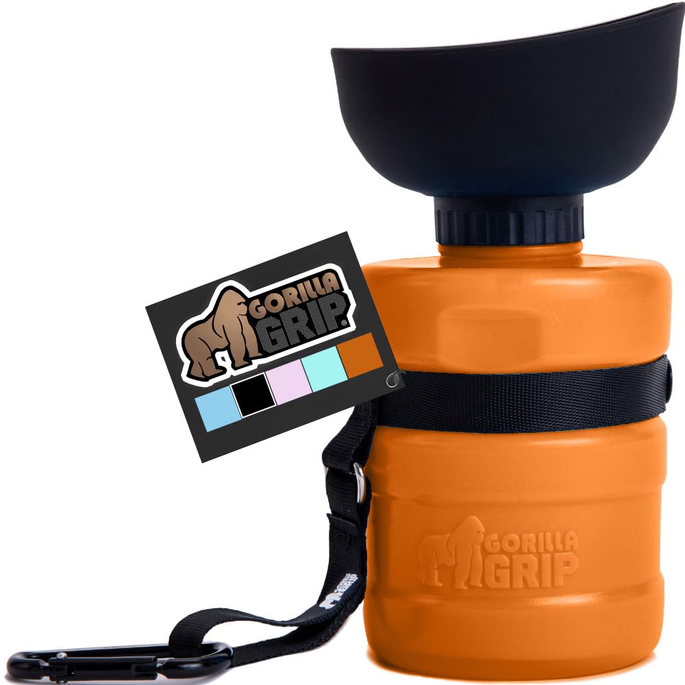 GORILLA GRIP 20oz Leak Proof Dog Water Bottle with Portable Bowl - BPA Free Food Grade Silicone Pet Travel Squeeze Bottle for Hiking, Camping & Outdoor Adventures - Essential Puppy Accessories (Orange)