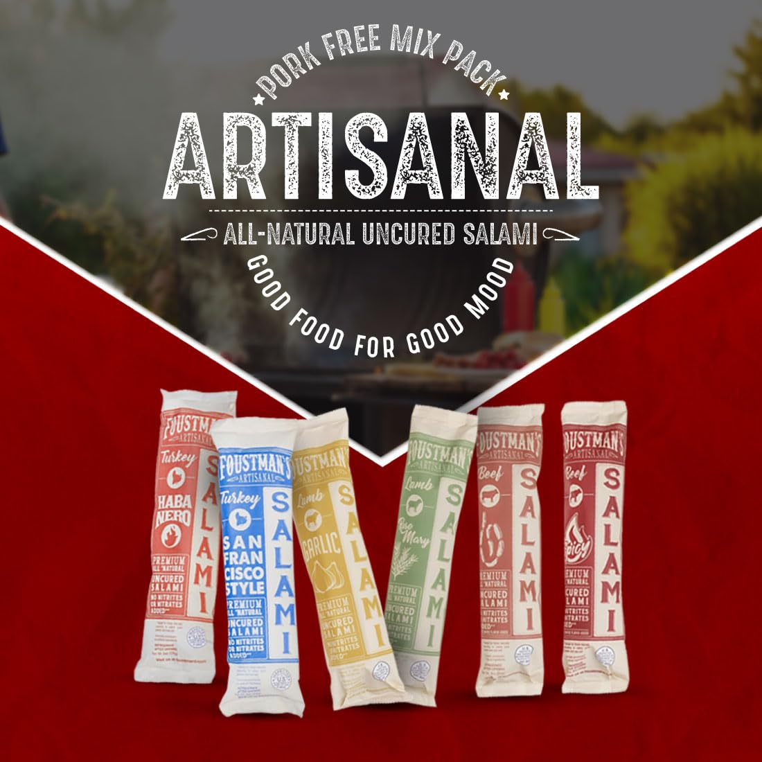 Foustman's Salami Variety Pack - 6 Nitrate-Free, Naturally Cured, Gluten-Free & Dairy-Free Sausages (San Francisco Style, Turkey Habanero, Spicy Beef, Lamb Garlic & Rosemary) 8oz Each - Perfect for Charcuterie Boards, Picnics & Keto Snacking