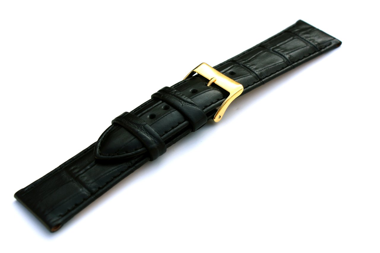 Genuine Black Leather Crocodile Embossed Watch Band - 22mm Long Cut with GP Clasp | Perfect for Rolex, Omega & Luxury Watches (Business, Formal & Casual Wear)