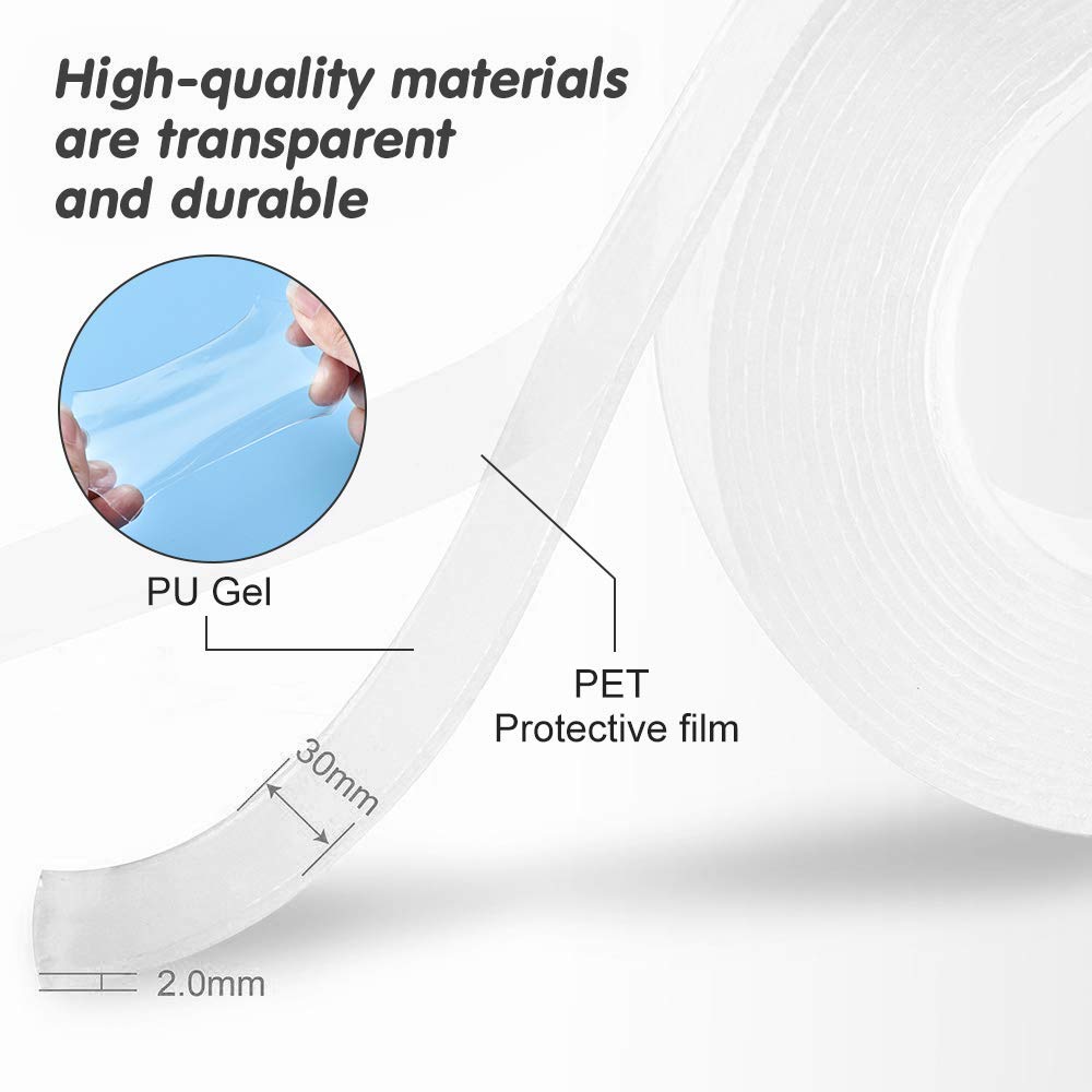 Nano Grip Tape 10 FT x 1.2 Inch - Reusable Removable Washable Double Sided Adhesive Strips for Kitchen, Bathroom, Office - Strong Hold No Residue Traceless Tape for Organizing, Hanging & DIY Projects (2 Pack)