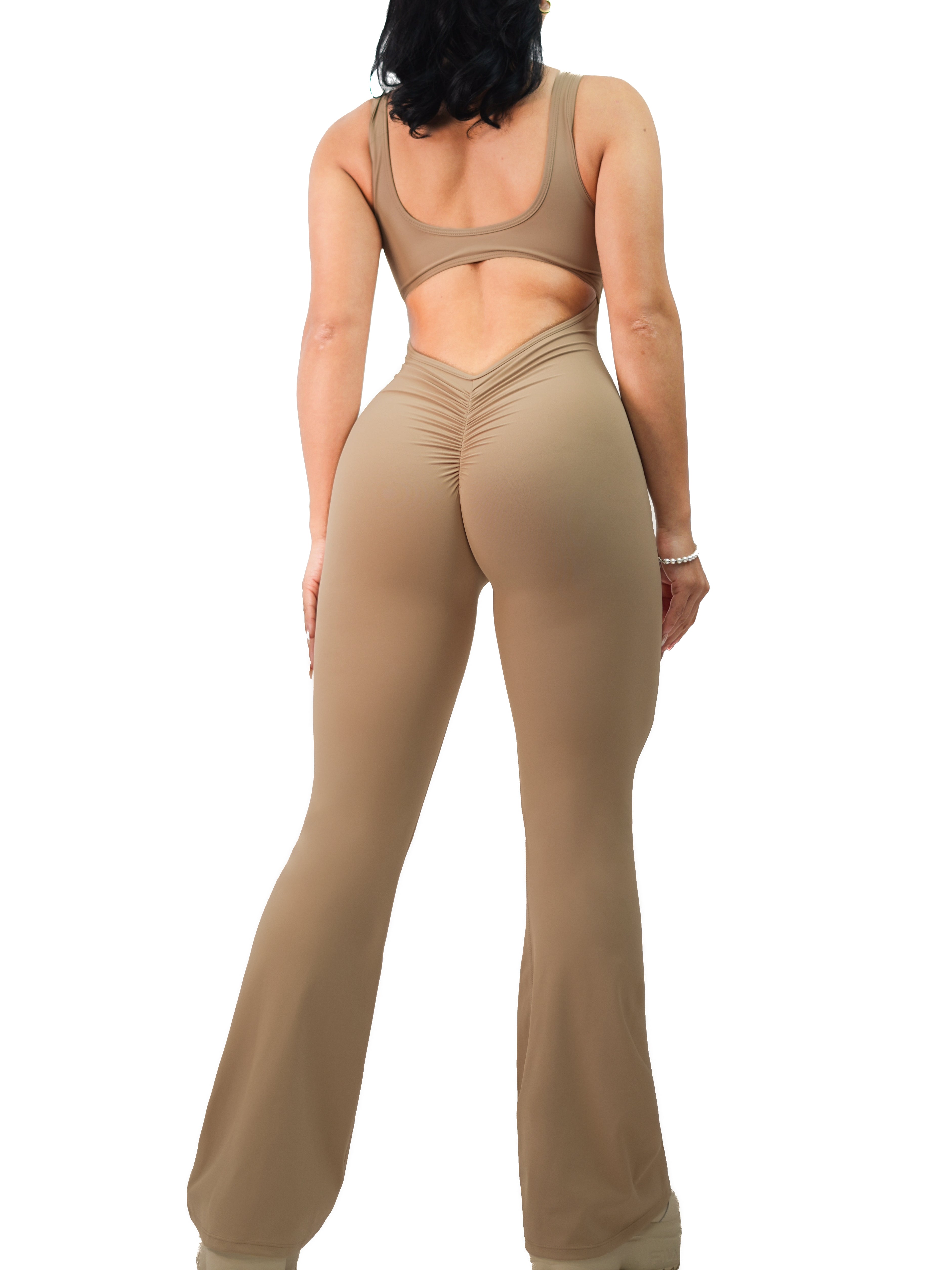 Flare Scrunch Jumpsuit for Women - Light Cocoa Brown Wide Leg Romper, Stretchy Comfortable Outfit for Casual Wear, Date Night & Summer Vacation
