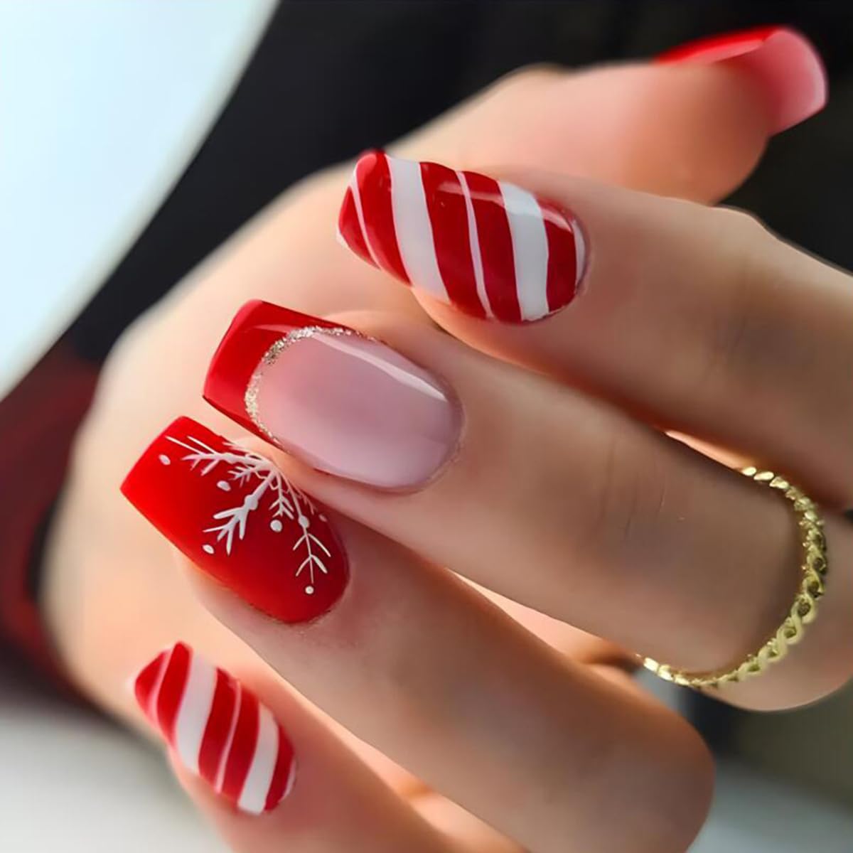 Christmas Press on Nails Short Square - 24PCS Winter Snowflake Fake Nails with Red White Stripe & French Tip Designs | Acrylic Full Cover Glue on Nails for Women | Perfect for Holiday Parties, Gift Giving & Festive Nail Art